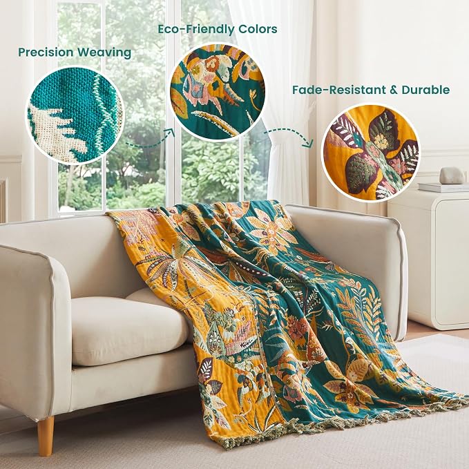 MSGKV Boho Throw Blanket 60"x80" 100% Cotton Floral Muslin Blanket for Sofa | 100% Cotton Muslin, Twin Size Throw Blanket, Floral Home Accent, Soft & Breathable, Lightweight Comfort, Machine Washable