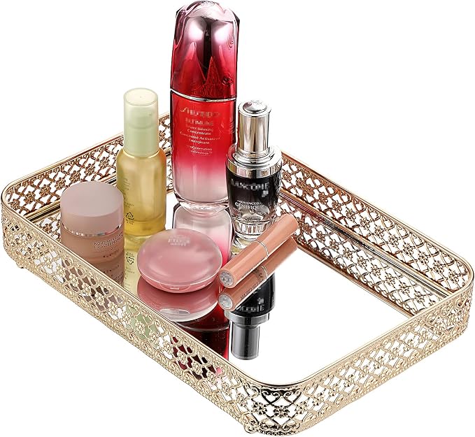 ELLDOO Gold Mirror Glass Perfume & Makeup Vanity Tray, Medium Size