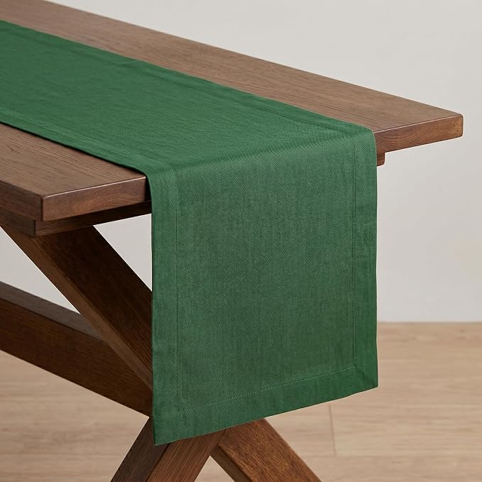 Solino Home 100% Pure Linen Table Runner Pine Green Long, Fete 14 x 90 in | brings a tailored look to family meals and hosting, European flax fibres, naturally breathable, soft, OEKO-TEX Certified