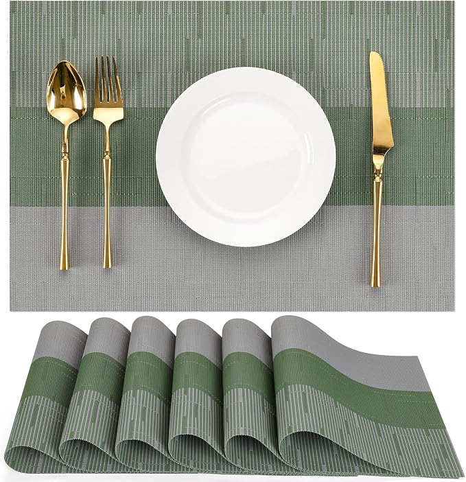 Placemats Set of 6, Vinyl Woven Heat-Resistant Place Mats | Washable Wipeable PVC Table Mats, Non Slip Placemat for Kitchen Dining Indoor Outdoor Table (Gray Sage Green, Set of 6)