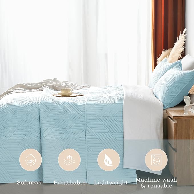 Davulos King Quilt Bedding Set,Aqua Blue Ultrasonic King/Cal King Quilt Set Reversible Microfiber Bedspread,Lightweight Soft Modern Geometric Coverlet Set for All Seasons(1 Quilt,2 Pillow Shams)