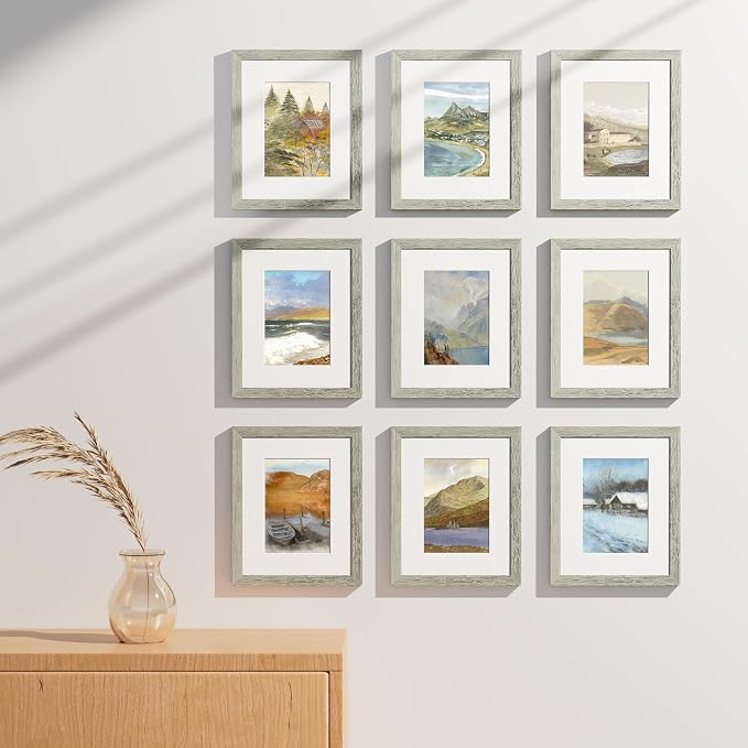 Vittanly 8x10 Picture Frames Set of 9 for Wall or Tabletop Display, Grey | Display Pictures 5x7 with Mat or 8x10 without Mat, Small Photo Frames, Engineered Wood with Shatter Resistant Plexiglass