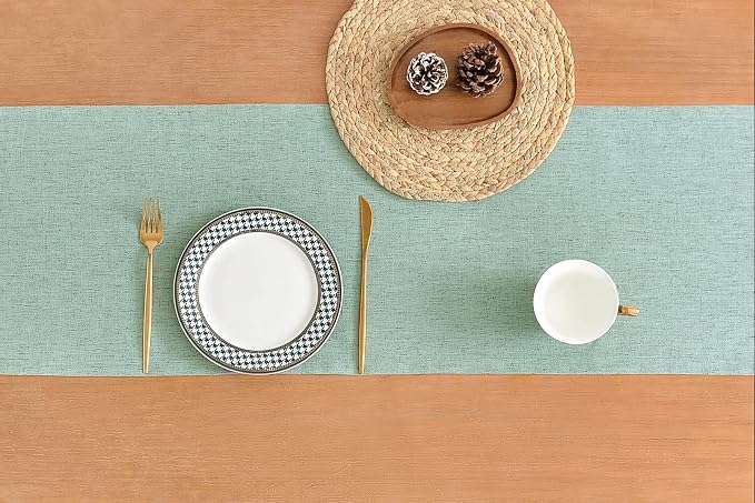 Wracra Linen Table Runner, Light Green Table Runners 48 Inches Long | Rich Woven Linen Blend Fabric, Machine Washable, Rustic Farmhouse Handcrafted Table Runner for Dresser Dining Table Decor