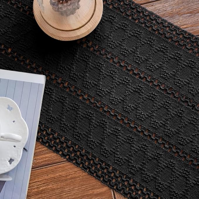 Macrame Table Runner Pure Black Boho Table Runners with Tassels 12x95in | Alynsehom Hand Woven Cotton Table Runner Rustic Farmhouse Table Runners for Bohemian Kitchen Dining Table
