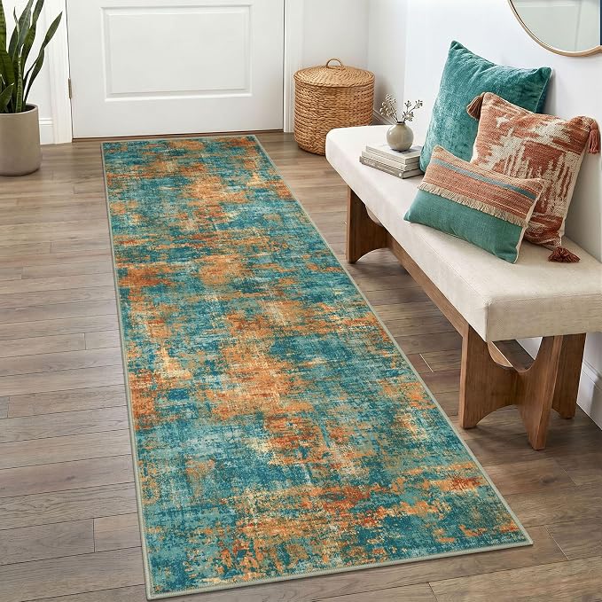 Lansny Abstract Washable 2x6 Hallway Runner Rug Non Slip Kitchen Runner | Teal/Orange;Thin Printed Faux Wool Rug Runners;Entryway Runner Indoor;Rubber Backed 6ft Carpet Runners;Bedroom Runner