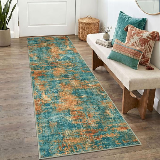 Lansny Abstract Washable 2x6 Hallway Runner Rug Non Slip Kitchen Runner | Teal/Orange;Thin Printed Faux Wool Rug Runners;Entryway Runner Indoor;Rubber Backed 6ft Carpet Runners;Bedroom Runner