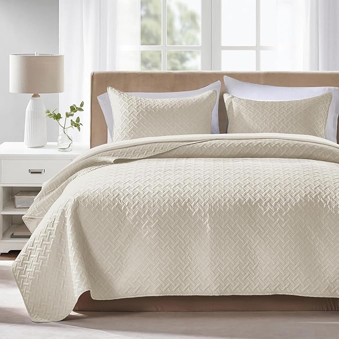 FLYMME Twin Quilt Set,Lightweight Cream Bedspreads,Basket Weave Pattern,Ultra Soft Microfiber Bedspread Bed Coverlet 2 Pieces for All-Seasons (1 Quilt,1 Pillow Sham)