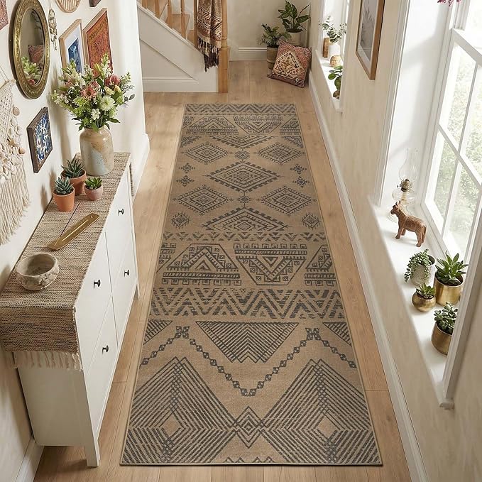 jinchan 3x10 Faux Jute Runner Rug Washable Boho Hallway Rug, Charcoal | Southwestern Geometric, Non-Slip Low Pile, Indoor Outdoor, High-Traffic, Kitchen, Bathroom, Laundry, Porch, Balcony, Entryway