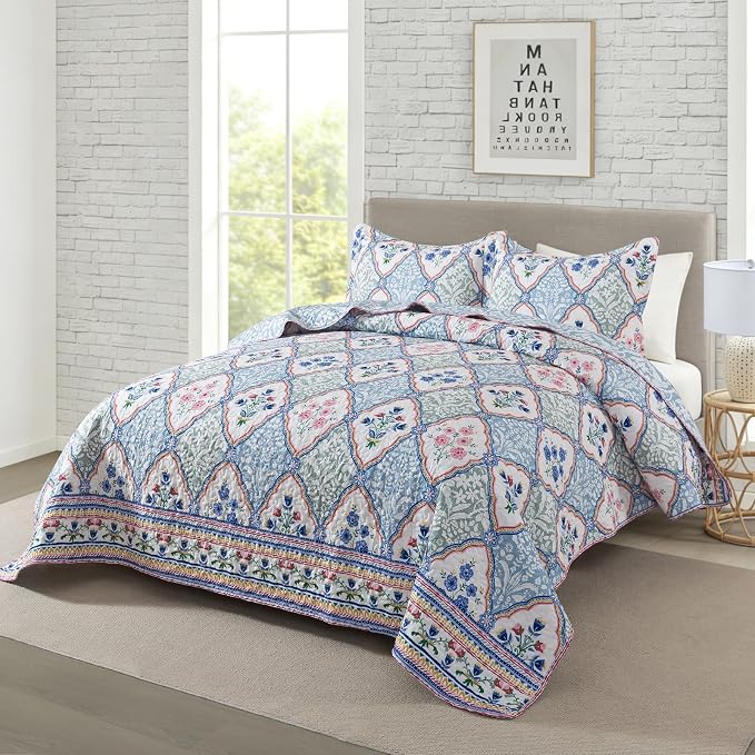 Travan 3-Piece Quilt Set Quilted Bedspread Reversible Quilted Bedding Set Garden Style Floral Printed Oversized Quilted Bedding Set with Shams for All Season, Exquisite, Queen Size