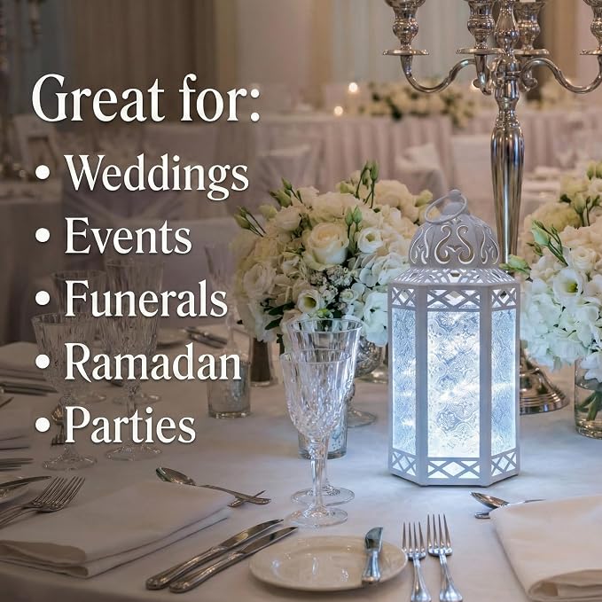 Vela Lanterns Decorative Indoor White Fairy Light Wedding Candle Holder, L | Fantasy Moroccan Decor, Ramadan & Eid Table Centerpieces, Metal Hanging Flameless LED Lamp, Outdoor Porch Patio, 12" Tall