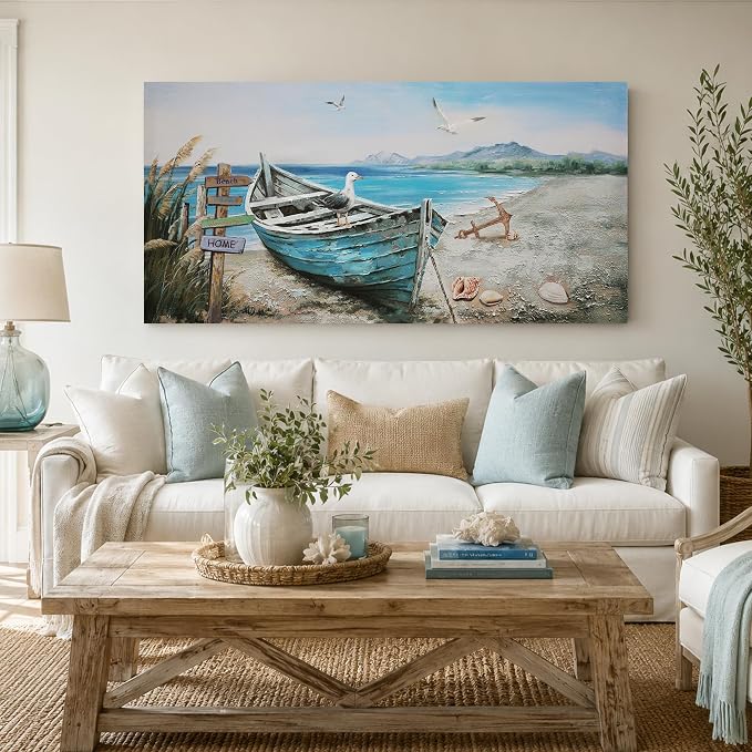 Anolyfi Nautical Wall Art Decor Coastal Artwork for Living Room 40"x20" | HD Print and Hand-painted Textured, Easy to Hang, Durable Colorfast, Blue Boat Beach Paintings for Hallway Home Decor
