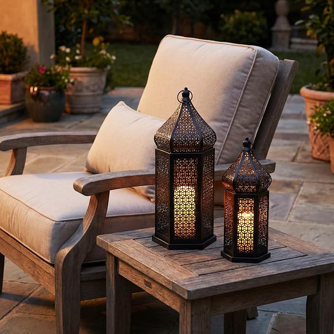 Vela Lanterns Decorative Indoor Black Moroccan Temple Lanterns, Set of 2