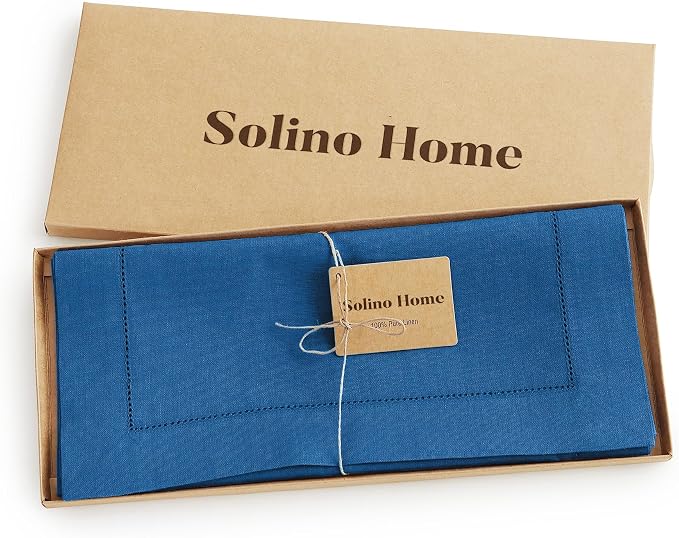 Solino Home 100% Pure Linen Table Runner Indigo Blue Hemstitch, 14 x 144 in | Classic Hemstitch, dresses up dining tables for everyday meals, hemstitched border, mitered corners, soft, OEKO-TEX Certified