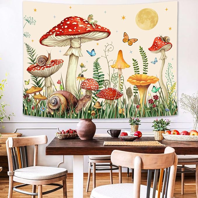 Zussun Red Mushroom Tapestry Moon Star Tapestries for Bedroom Aesthetic Beige Starry Night Green Plant Tapastrys Wall Hanging Butterfly Snail Frog Wall Tapestry for Living Room Dorm (Beige, 80" x 60")