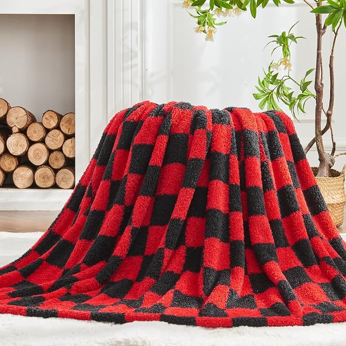 NEWCOSPLAY Knitted Throw Blanket for Couch Sofa Bed, Red Black, 50"x60" | Super Soft Plush, Fuzzy Fluffy Microfiber, Lightweight Cozy Blanket for Room Decor, All Season Use