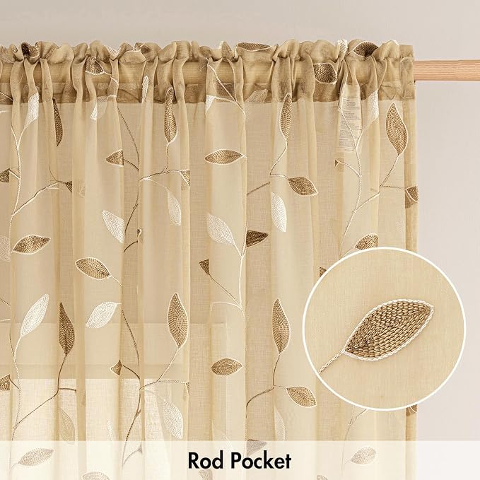 MIULEE Khaki Sheer Curtains 2 Panels Embroidered Leaf Patterned, W52 x L63 | Embroidered Floral Semi Sheer,Rod Pocket,Faux Linen,Short Window Curtains Drapes Set for Kitchen/Bathroom/Cafe