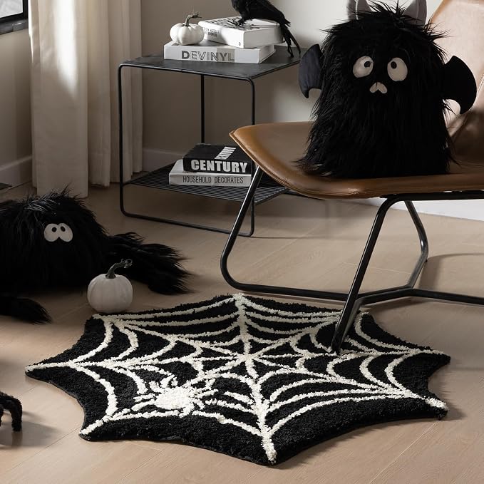 Ashler Halloween Spider Web Rug, Spiderweb Bath Mat for Halloween Decor, Gothic Bathroom Rug, Spiderweb Area Rug Non-Slip Tufted Mats for Front Door, Living Room, Bedroom, Front Door, 35.5×35.5inches