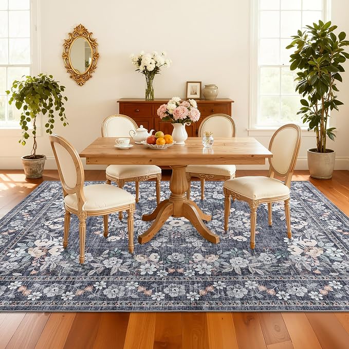 GarveeHome 9x12 Washable Rug for Luxury Living Room Blue Vintage Floral Rug | Non-Slip Low Pile Leaf Flower Carpets for Guest Room Bordered Rugs Distressed Botanical Area Rug for Office Dining