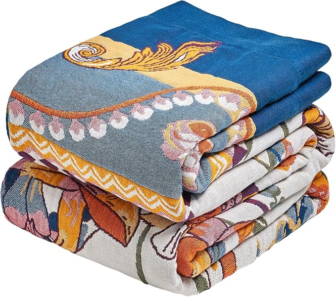 MSGKV Boho Throw Blanket 90"x90" Summer Cotton Victoria Floral Blanket | Muslin Throw, Victoria Floral, Reversible Woven, Lightweight Comfort, Farmhouse Decor, All Seasons, Machine Washable