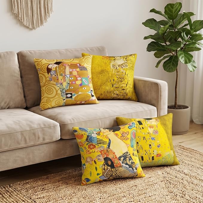 Klimt Art Pillow Covers 18x18 inch Set of 4 Famous Painting The Kiss by Gustav Klimt Cushion Covers Yellow Modern Decorative Pillow Cases for Sofa Couch Bed Office