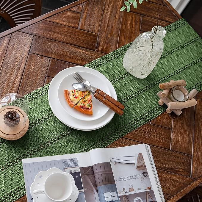 Macrame Table Runner Green Boho Table Runners with Tassels 12x108in | Alynsehom Hand Woven Cotton Table Runner Rustic Farmhouse Table Runners for Bohemian Kitchen Dining Table