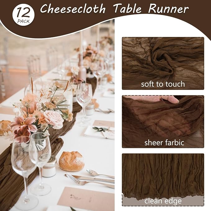 Fivenl 12 Pack Brown Boho Rustic Cheesecloth Table Runner 35x72 Inch Romantic Vintage Gauze Table Runner for Wedding Bridal Shower Birthday Party Table Decor