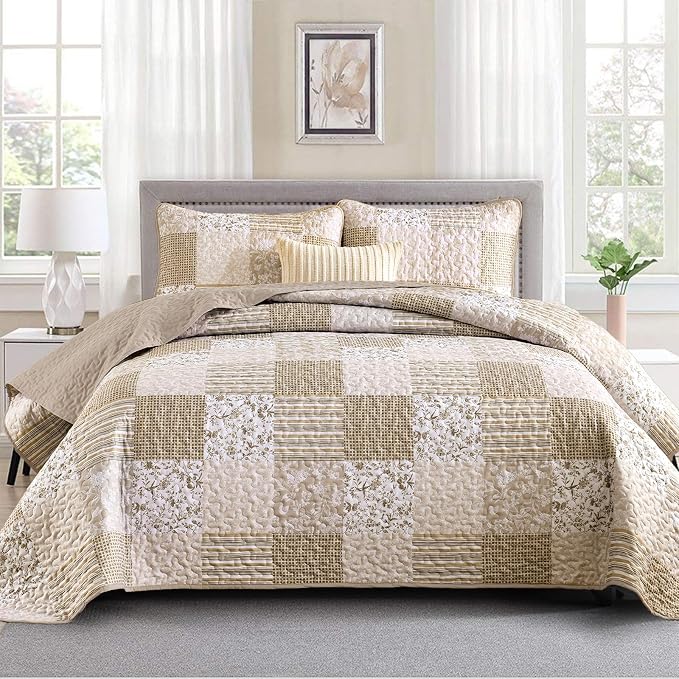 Mybedsoul Beige Boho Quilt Set Full Size, Patchwork Quilt Bedding Set | 3 Pieces Plaid Floral Bedspread Coverlet Set for All Seasons, Soft Lightweight Patchwork Reversible Bedding Set 78"×90"