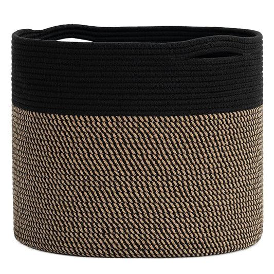 Goodpick Wicker Blanket Basket Living Room, Toy Storage for Playroom, 45L | 15.8 x 15.8 x 13.8 In Storage Basket for Toys Shoes, Cute Baby Laundry Hamper for Towels, Clothes, Black & Mix Jute