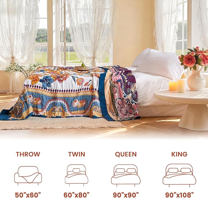MSGKV Boho Throw Blanket 90"x90" Summer Cotton Victoria Floral Blanket | Muslin Throw, Victoria Floral, Reversible Woven, Lightweight Comfort, Farmhouse Decor, All Seasons, Machine Washable