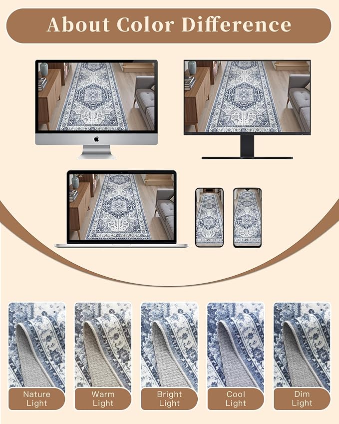 Madane Washable Runner Rugs 2x12 Long for Hallway Kitchen Soft, Navy/White | Non-Slip Vintage Printed 12ft Rug Runners with Rubber Backing, Low-Pile Floor Carpet Laundry Room Entryway, Corridor