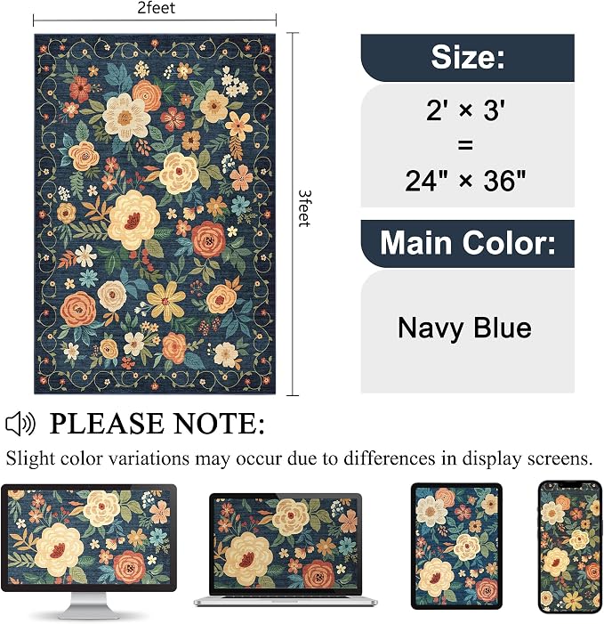 DUKINO 2x3 Entryway Rug, Door Mat Soft Washable Rug Non Slip, Navy Blue | Low Pile, Non-Shedding, Floral Small Rug for Kitchen, Entrance, Bedroom, Bathroom, Pet Friendly, Stain Resistant, Home Decor