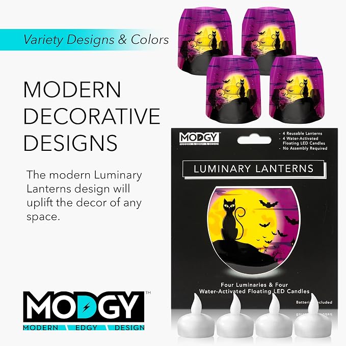 MODGY Luminary Lanterns, Halloween Candle Holders with Flameless Floating LED Candles, Indoor Outdoor Decor for Parties, Home, Windows, and Mantels, Table Centerpiece, 4-Pack, Salem
