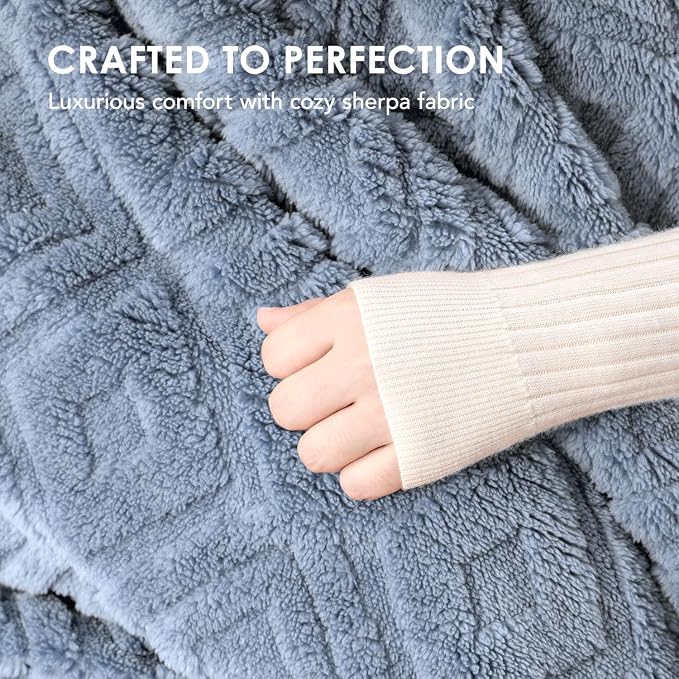 EverGrace Jacquard Reversible Sherpa Throw Blanket, 60" x 80", Blue Linen | Jacquard Sherpa Throw Blanket, Super Soft, Cozy Plush Blanket, Reversible Thick Warm Throw for Bed, Sofa, Living Room
