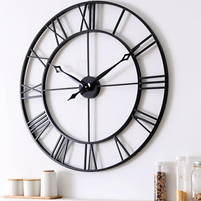 CLXEAST Large 30 Inch Wall Clocks for Living Room Decor, Roman Numeral | Battery Operated,Oversized Black Metal Wall Clock for Dinning Room,Entryway & Home Decor