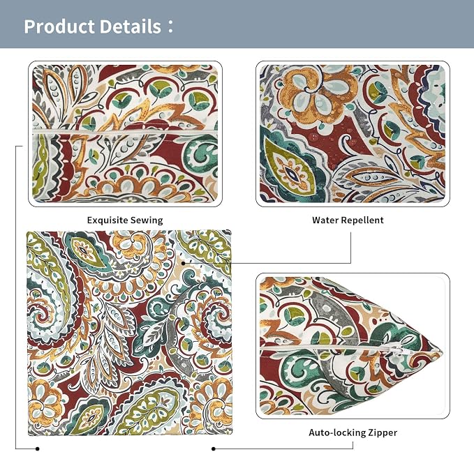 Outdoor Pillow Covers Waterproof 20x20 Inch Set of 2 Paisley Chilli Decorative Outside Patio Furniture Cushion Cases Decor for Porch Garden