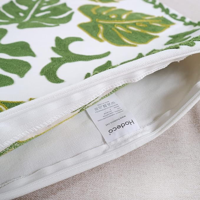 Embroidery Throw Pillow Cover 18x18 Tropical Leaves Home Decor Monstera Leaf Embroidered Green Floor Pillow Cover for Couch Sofa Chair 100% Cotton Cushion Cover Pillow Case 45x45cm, 1 Piece
