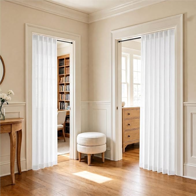 Pitalk White Curtains 78 Inches Long for Sliding Glass Door 2 Panels Set Rod Pocket Tab Modern Farmhouse Semi Sheer Flax Linen Drapes Light Curtains for Living Room Pinch Pleated Look 52 x 78 Length