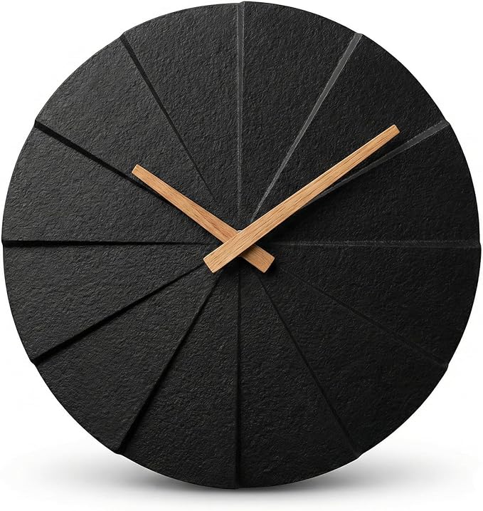 Driini Modern Wall Clock with No Numbers and Wooden Hands. Black,12.5 Inch | Silent battery operated quartz; frameless oversized polyresin face; decorative minimalist style for a living room or office.
