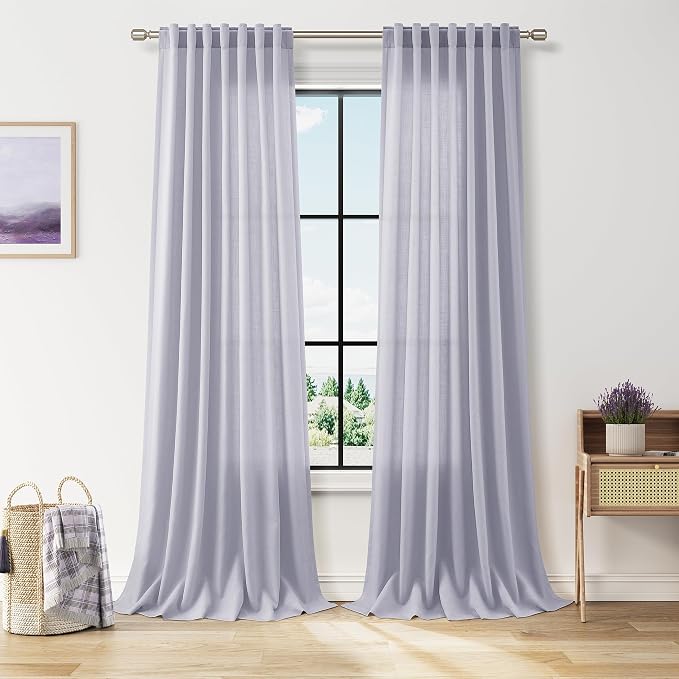 Lavender Purple Linen Curtains 90 Inches Long for Living Room Boho Decor Light Filtering Semi Sheer Curtain Back Tab and Rod Pocket Modern Luxury Drapes for Bedroom Office 52x90, 2 Panels