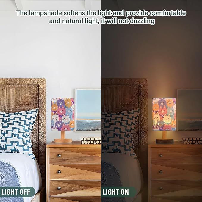 Bedside Lamp Cartoon Cat Table Lamp for Bedroom LED Nightstand Lamp Shade USB Ports Wood Base for Living Room Dorm Office