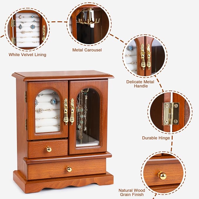 Kendal Wooden Jewelry Box for Women, Graduation Gift Solid Jewelry Holder Organizer, Mothers Day Gifts Wood Jewelry Case with Mirror for Necklaces, Earring, Rings (2 Side Door, Oak)