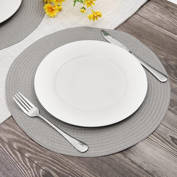 SHACOS Round Braided Placemats Set of 8 Washable Fabric Heat Resistant 15 inch Grey Round Table Mats for Dining Tables (Gray, 8)