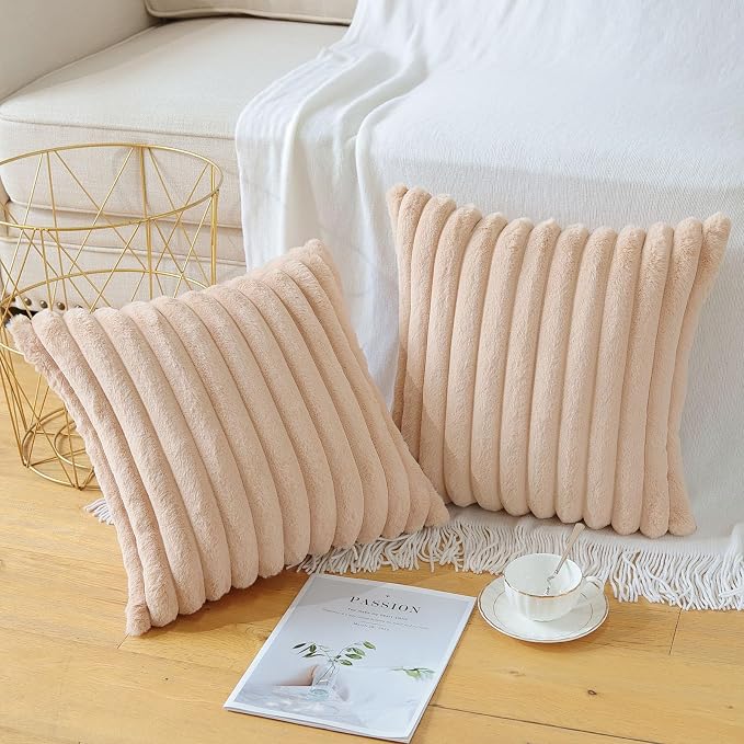 Soleebee Set of 2 Throw Pillow Covers Soft Cozy Velvet Pillowcase Faux Rabbit Fur Cover for Couch Sofa Bed Chair Home Decorative Pillows Cover (20x20 Inch, Camel)