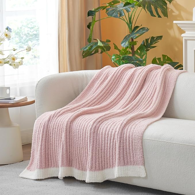 Snuggle Sac Fluffy Ribbed Pink Blanket Twin Size, Soft Luxurious Knit Throw, Fuzzy Plush Microfiber Blankets for Couch, Sofa, Bed, Pink, 60x80 inches