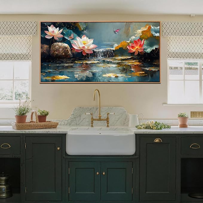 Anolyfi Lotus Canvas Large Framed Wall Art for Living Room, Lotus Wall Decor Zen Yoga Painting Artwork for Spa Bedroom Hallway Dining Room Office Home Decor, 58"x29"