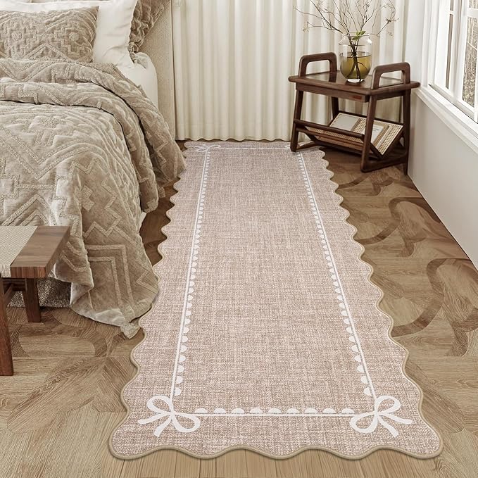 COZYLOOM Scalloped Entryway Rugs Indoor 2x6 Washable Runner Rug with Rubber Backing, Non Shedding Stain Resistant Bow Printed Rug, Low Pile Soft Solid Carpet for Kitchen, Bathroom, Bedroom, Camel