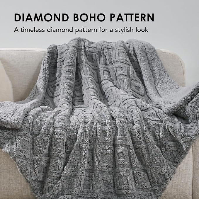 EverGrace Jacquard Reversible Sherpa Throw Blanket, 60" x 80", Grey | Jacquard Sherpa Throw Blanket, Super Soft, Cozy Plush Blanket, Reversible Thick Warm Throw for Bed, Sofa, Living Room