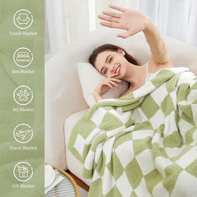 SeaRoomy Fuzzy Checkered Throw Blanket for Bed Decor,Green 90"X90" | Warm,Cozy,Fluffy,Lightweight,Gift for Women Couch Sofa Bed Room Decor