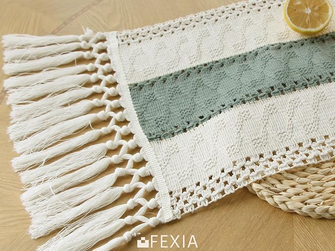 FEXIA Boho Table Runner for Home Decor 12x48 Sage Green Fall Decorations | 48 Inches Long with Tassels Rustic Macrame Farmhouse Table Cover for Wedding Party Bohemian Bridal Shower Dining Decorations