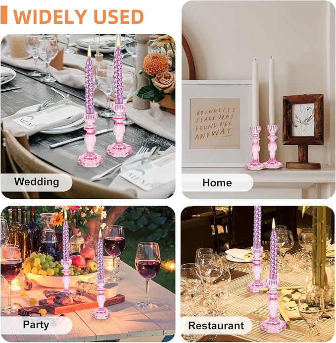 Glass Candle Holders, 2PCS Decorative Candle Stand Wide Base Candlestick Holder Table Centerpiece Decor for Wedding Festival Party Windowsill, Pink